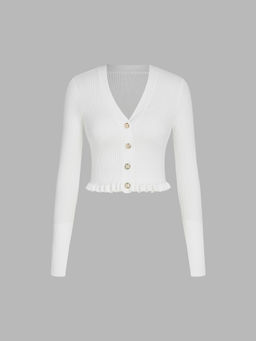 Cider - V-Neck Solid Button Knitted Crop Top