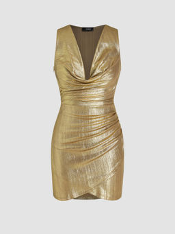 Cider - Metallic V-Neck Solid Wrap Mini Dress