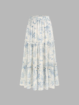 Cider - Santorini Beach Vacation Floral Tiered Ruffle Hem Maxi Skirt