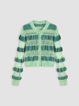 Cider - Knit Round Neckline Striped Hollow Out Cardigan