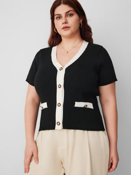 Cider - V-Neck Contrast Binding Button Knitted Vest Curve & Plus