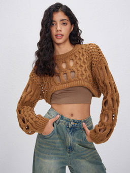Cider - Knit Round Neckline Hollow Out Long Sleeve Crop Top