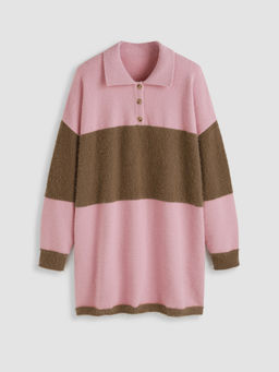 Cider - Knit Polo Striped Fuzzy Button Mini Dress