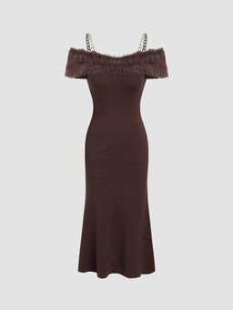 Cider - Knit Off-Shoulder Faux Fur Chain Mermaid Midi Dress
