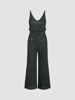 Cider - Metallic V-Neck Hollow Out Button Knitted Jumpsuit