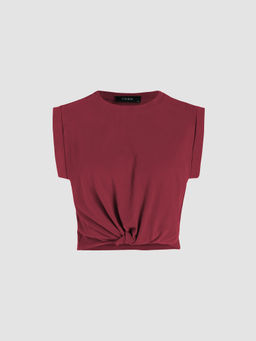 Cider - Solid Round Neckline Twist Short Sleeve Crop Top ()