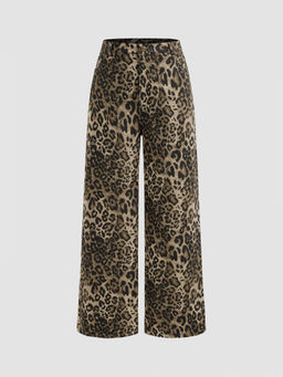 Cider - Denim Mid Waist Leopard Wide Leg Pants