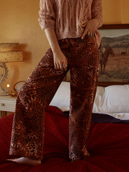 Cider - Denim Mid Waist Leopard Wide Leg Pants