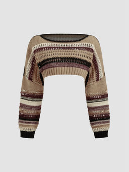 Cider - U-Neckline Stripe Hollow Out Knitted Long Sleeve Crop Shrug