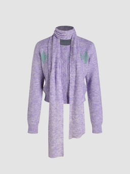 Cider - Wool-Blend Round Neck Geometric Button Cardigan with Scarf