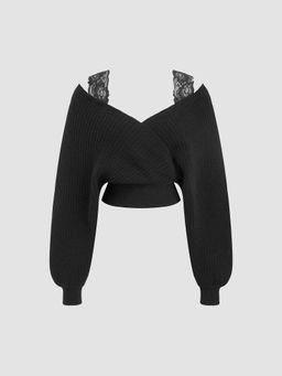 Cider - V-Neck Solid Lace Knitted Long Sleeve Crop Top