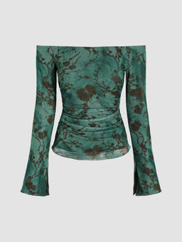 Cider - Mesh Off-Shoulder Floral Ruched Long Sleeve Top