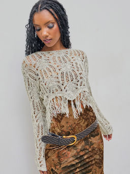 Cider - Round Neckline Solid Hollow Out Tassel Knitted Long Sleeve Top