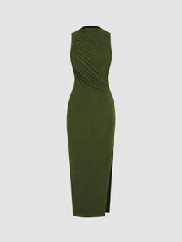 Cider - Jersey High Neck Sleeveless Solid Split Maxi Dress