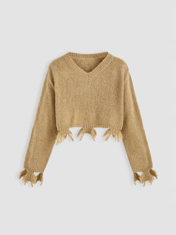 Cider - Round Neckline Solid Ripped Knitted Crop Sweater