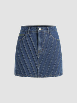 Cider - Denim Mid Waist Solid Patched Mini Skirt