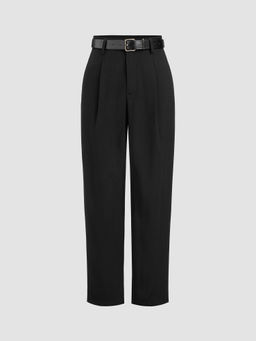 Cider - High Rise Solid Pocket Cropped Tapered Trousers with Belt