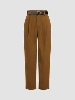 Cider - High Rise Solid Pocket Cropped Tapered Trousers with Belt