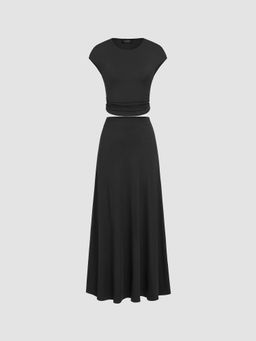 Cider - Jersey Round Neckline Ruched Top & Elastic Waist Maxi Skirt (Set of 2)