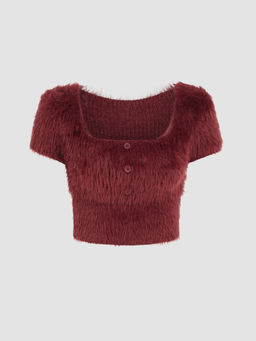 Cider - Fuzzy U-Neckline Button Short Sleeve Crop Sweater