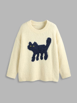 Cider - Wool-Blend Round Neckline Kitten Graphic Knitted Long Sleeve Top Curve & Plus