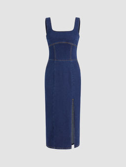 Cider - Denim Solid Pocket Split Midi Dress
