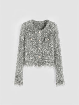 Cider - Fuzzy Round Neck Button Metallic Knitted Long Sleeve Cardigan
