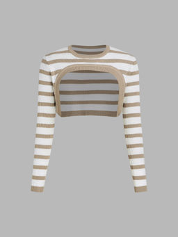 Cider - Round Neck Stripe Knitted Long Sleeve Crop Shrug