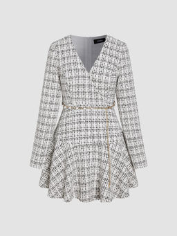 Cider - Tweed V-Neck Solid Faux Pearl Mini Dress