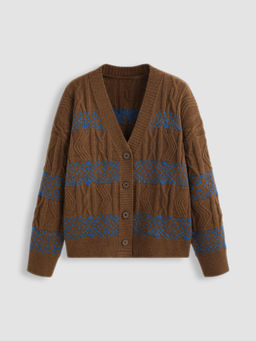 Cider - Cable Knit V-Neck Geometric Button Cardigan