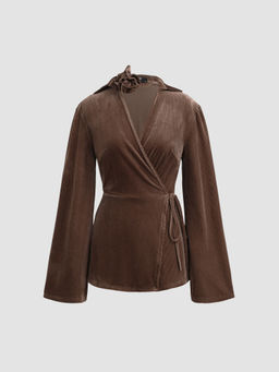 Cider - Velvet V-Neck Solid Rosette Long Sleeve Blouse Top