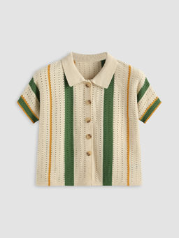 Cider - Knit Polo Striped Hollow Out Short Sleeve Top