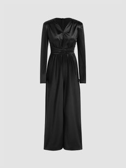 Cider - Satin V-Neck Solid Ruched Jumpsuit