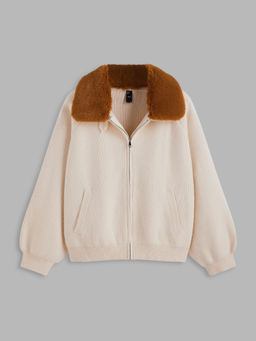 Cider - Fuzzy Collar Zipper Cardigan Curve & Plus