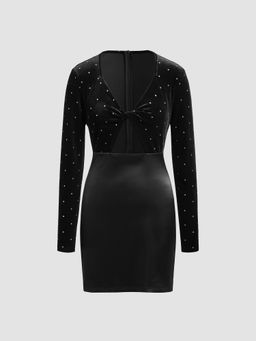 Cider - Velvet V-Neck Solid Rhinestone Cut Out Mini Dress