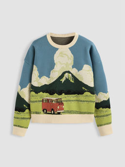 Cider - Round Neckline Graphic Knitted Long Sleeve Sweater Curve & Plus