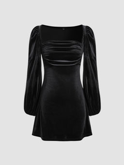 Cider - Velvet Square Neck Solid Ruched Mini Dress