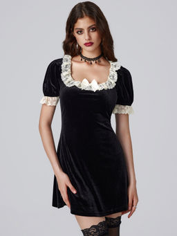 Cider - Velvet Square Neck Solid Bowknot Mini Dress