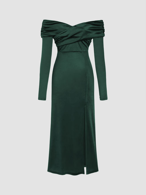 Buy Cider Velvet Off-Shoulder Solid Split Maxi Dress (XL) Online