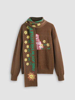 Cider - Round Neckline Sheep Flower Knitted Sweater with Scarf
