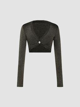 Cider - Metallic V-Neck Flower Button Knitted Crop Long Sleeve Top