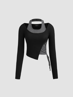 Cider - Jersey Halter Asymmetrical Patched Drawstring Long Sleeve Crop Top