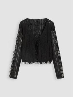 Cider - Sequin V-Neck Hollow Out Knitted Crop Long Sleeve Top