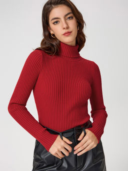 Cider - High Neck Solid Knitted Long Sleeve Top