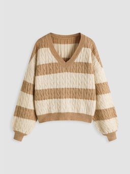 Cider - Wool-Blend V-Neck Cable Knit Striped Long Sleeve Sweater