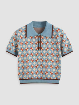 Cider - Knit Collar Geometric Button Short Sleeve Top