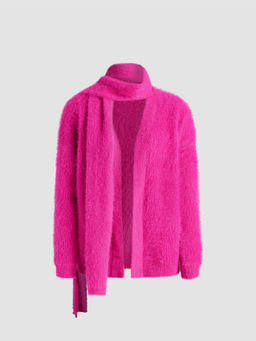 Cider - Fuzzy V-Neck Solid Cardigan with Scarf