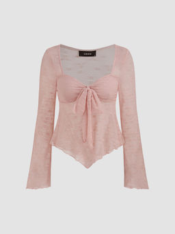 Cider - Lace Square Neck Knotted Long Sleeve Top