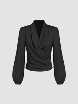 Cider - Satin V-Neck Wrap Zip Long Sleeve Blouse Top ()