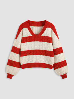Cider - Wool-Blend V-Neck Cable Knit Striped Long Sleeve Sweater Curve & Plus